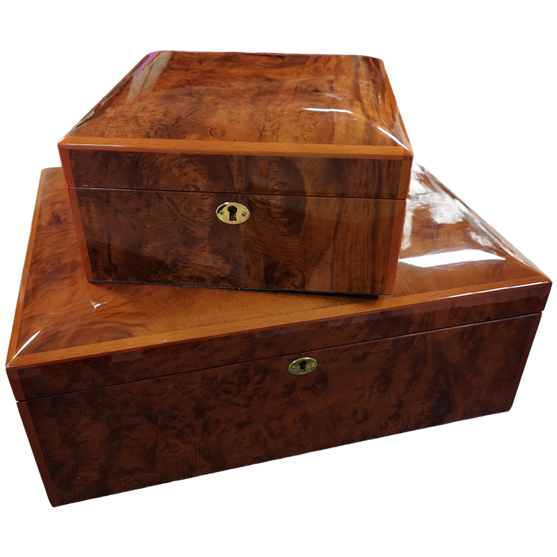 Custom Luxurious Wooden Box Manufacturer High Gloss Lacquer Tree Burl Wooden Watch Box Design Moveable Watch Tray w/storage box